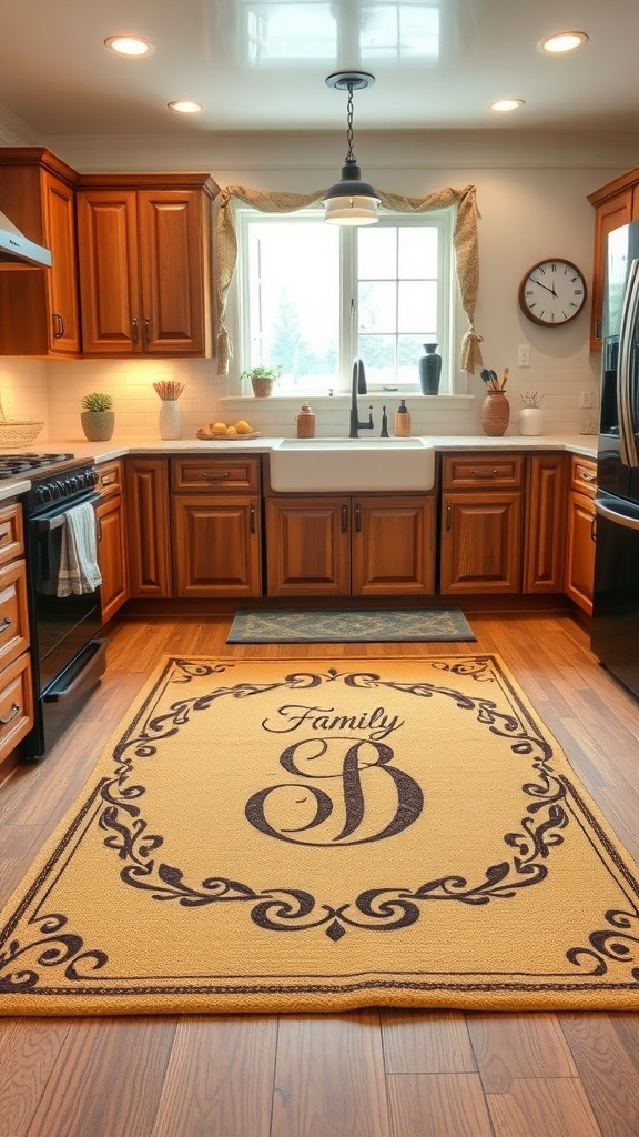 A personalized kitchen rug with the name 'Namly - Family' in a cozy farmhouse kitchen setting.