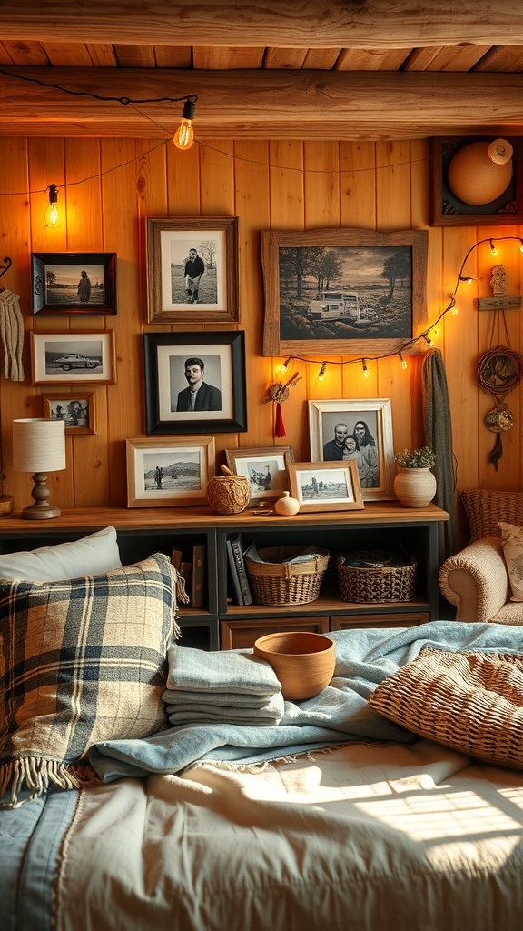 A rustic bedroom featuring personalized artwork and a cozy bed.