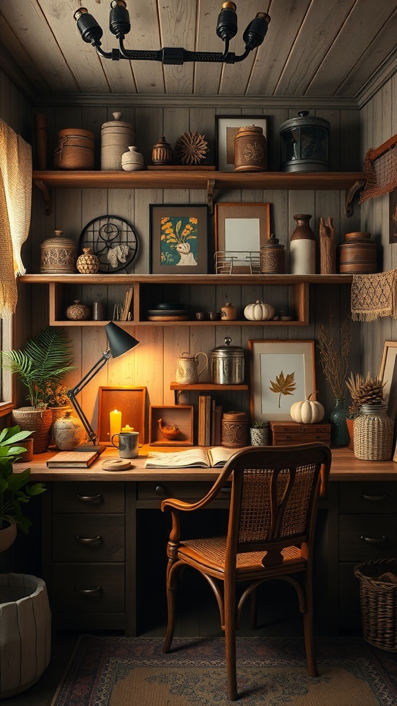 A cozy workspace featuring rustic decor elements like wooden shelves, vintage clocks, and a warm color palette.