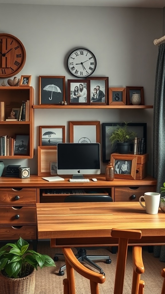 A cozy rustic home office with wooden furniture, framed photos, and plants.