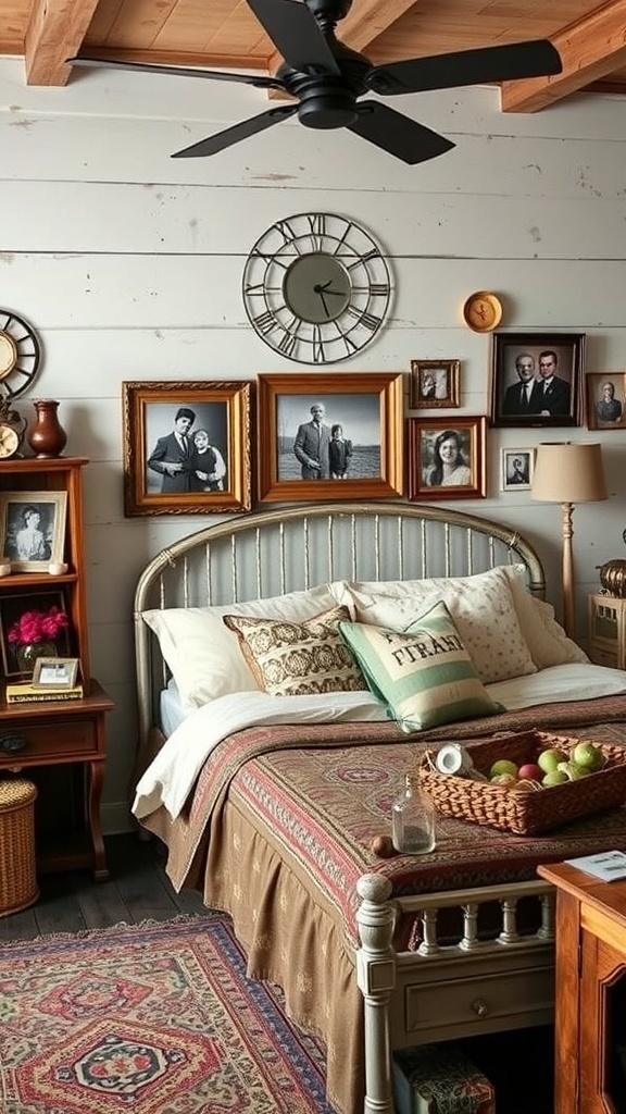 A cozy rustic bedroom with vintage decor and personal touches.