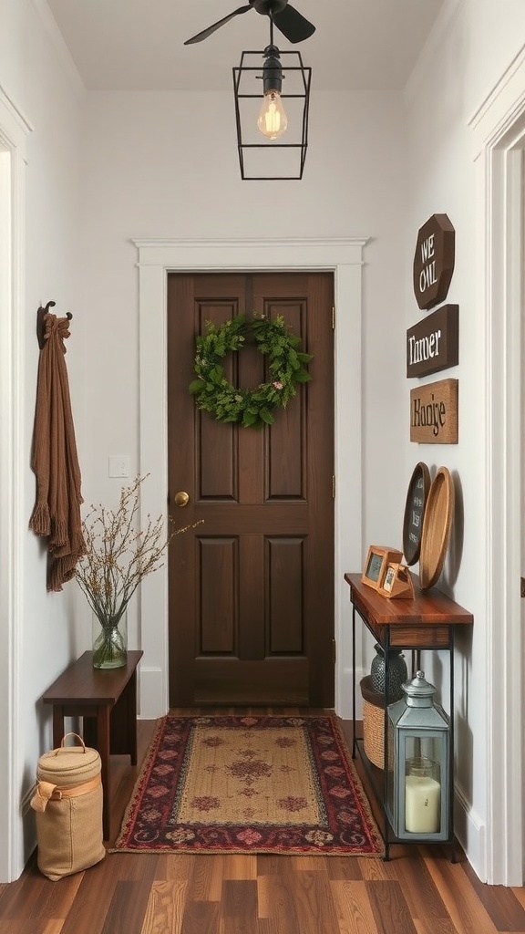 A rustic entryway featuring a wooden door, a wreath, and vintage decor.