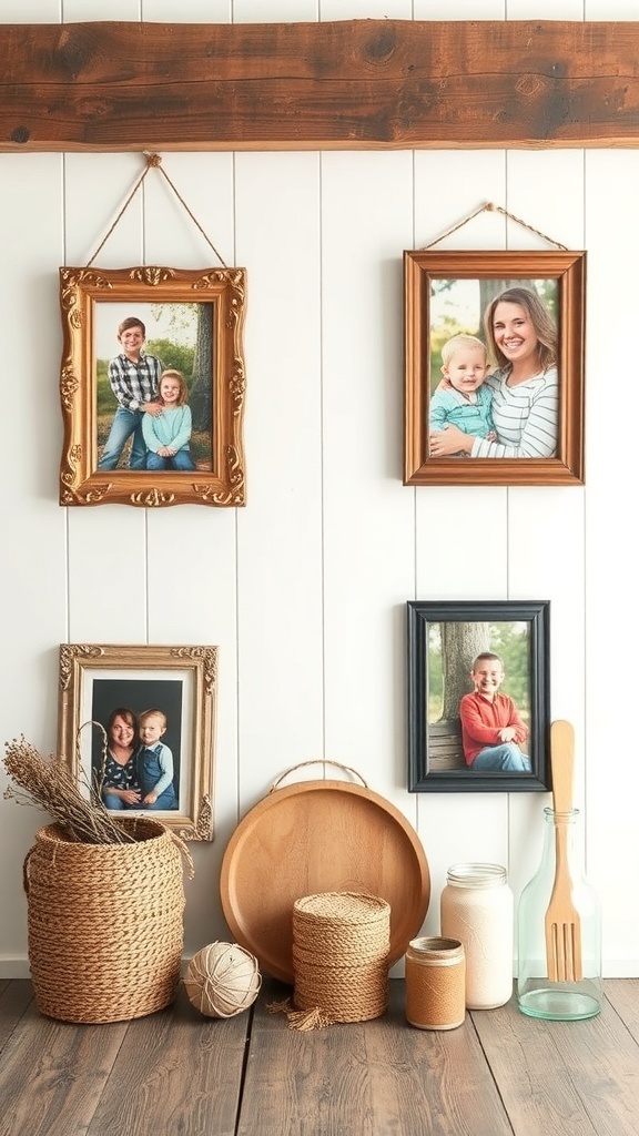A collection of family photos in various frames, with rustic decor elements like woven baskets and wooden items.
