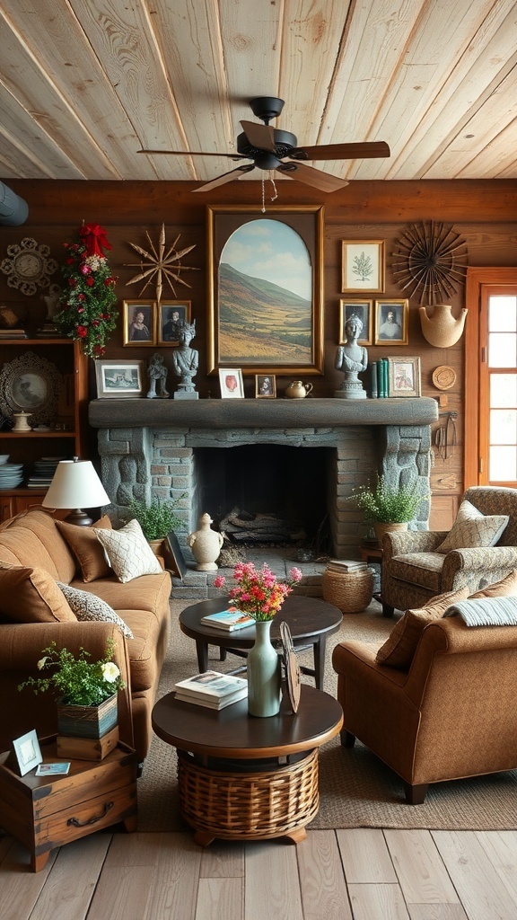Cozy rustic living room with personal touches like family photos and handmade decor.