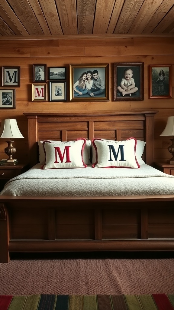 A rustic bed with monogrammed pillows and family photos on the wall.