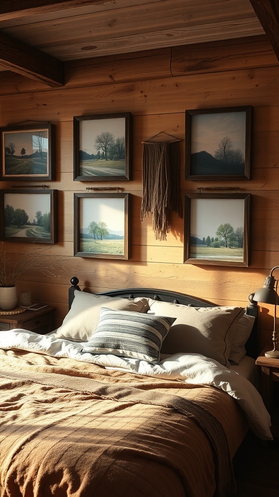 A rustic farmhouse bedroom featuring personalized wall art with framed quotes and nature prints.