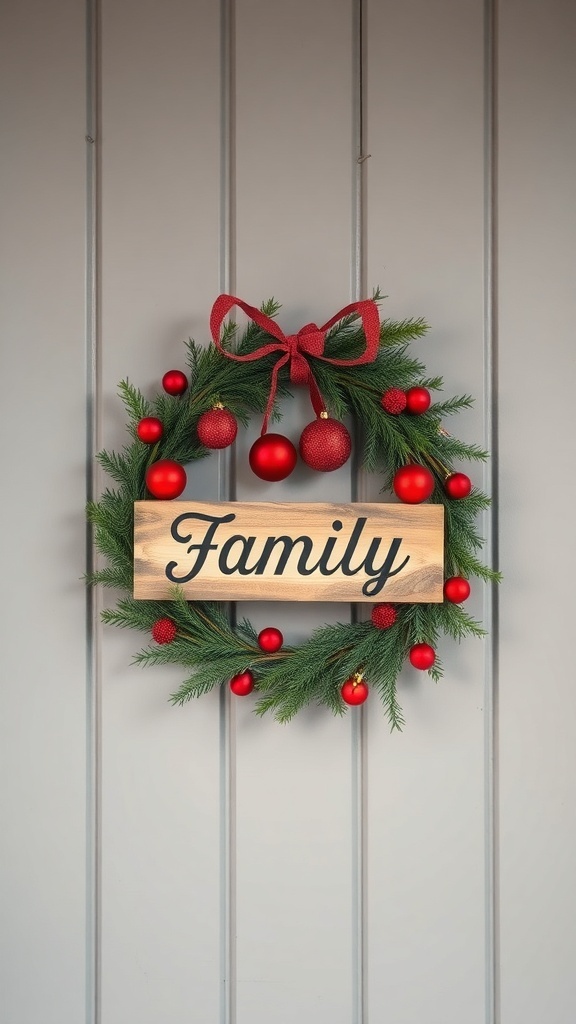 A rustic Christmas wreath with a wooden sign that says 'Family' and red ornaments.