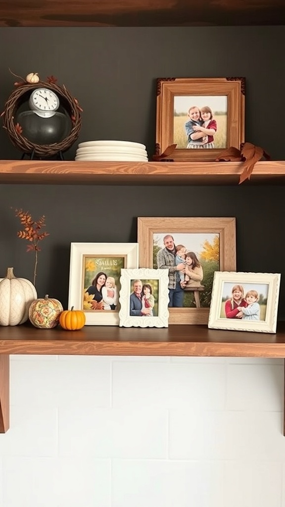 A cozy shelf decorated with family photos, pumpkins, and autumn-themed decor.