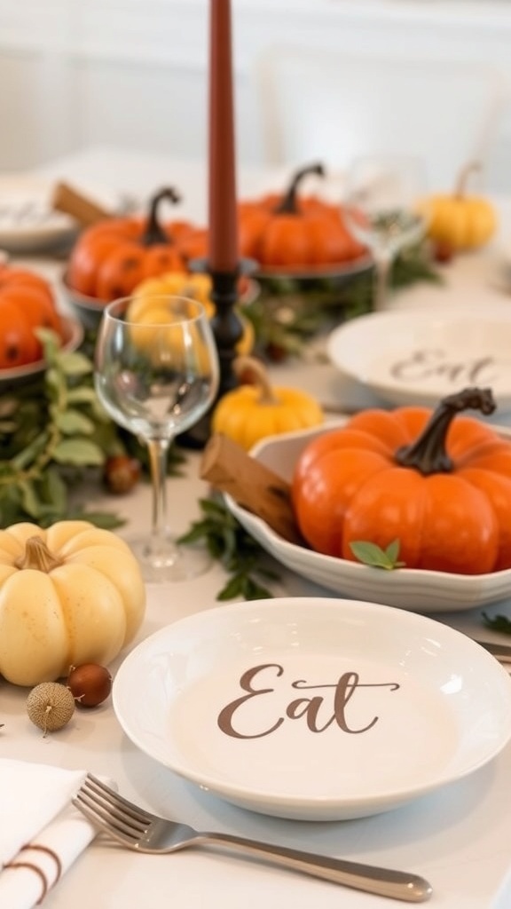 A beautifully set Thanksgiving table with personalized serving dishes featuring names, decorated with pumpkins and autumn leaves.