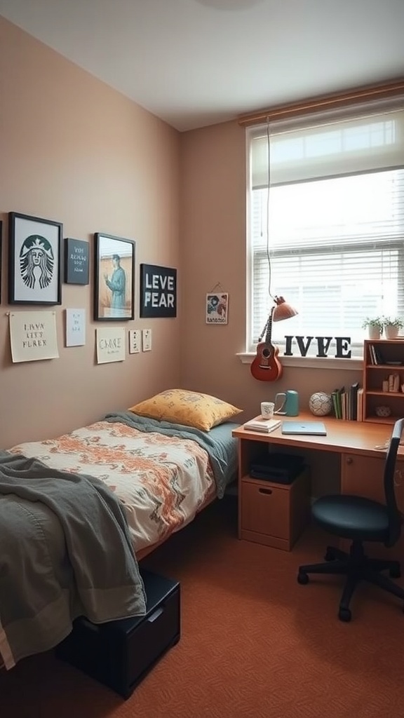 A cozy dorm room featuring a bed with colorful bedding, a desk with study materials, and personalized wall art.