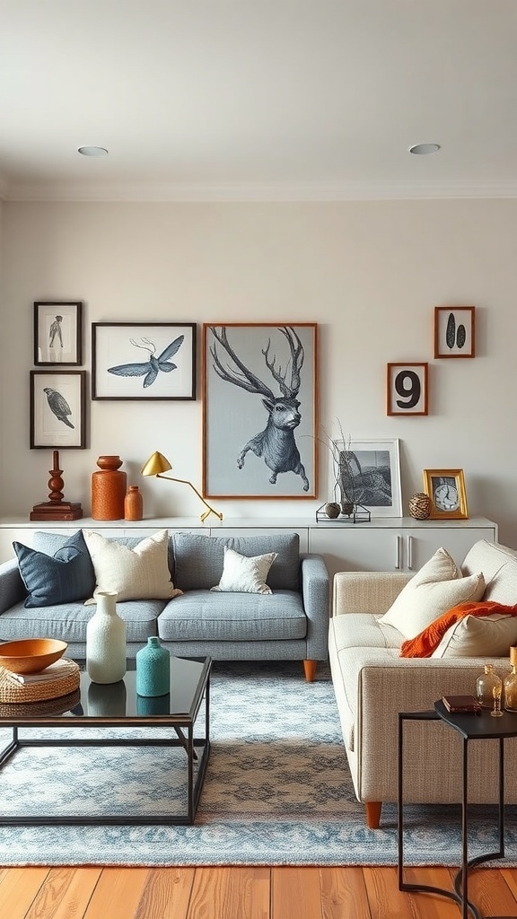 A contemporary living room featuring unique accessories and art.