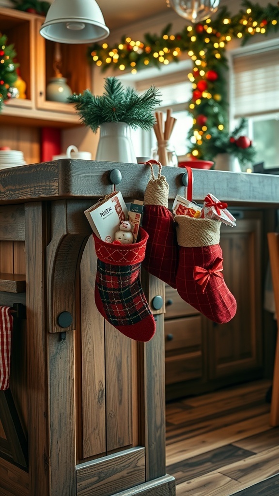 Three personalized Christmas stockings hanging on a kitchen island.