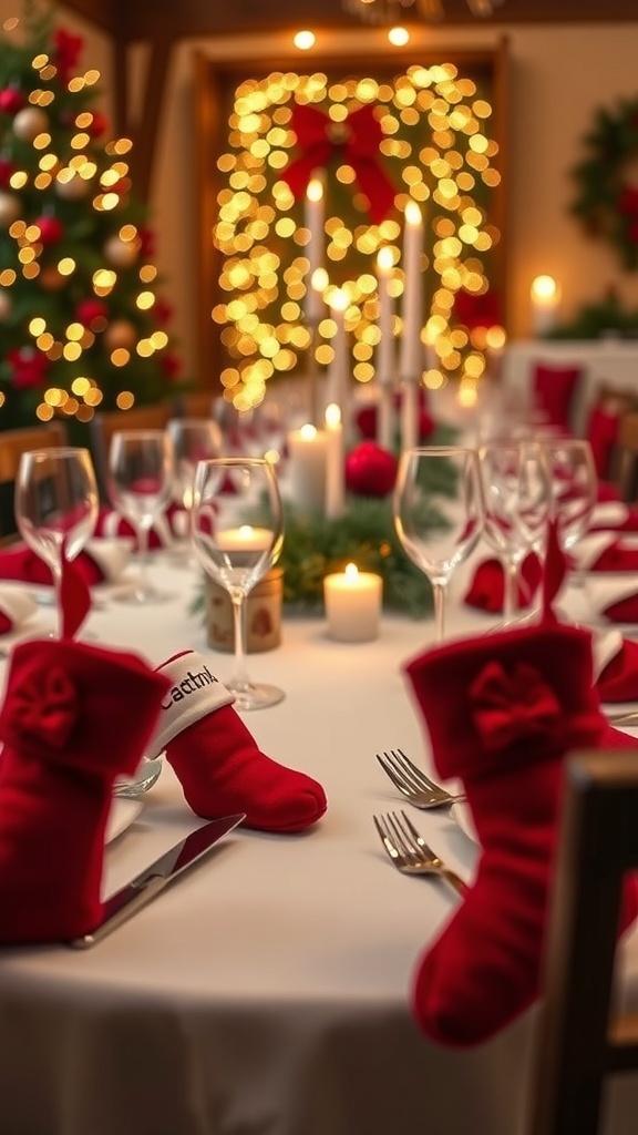 A festive Christmas table with red stockings as place settings, surrounded by candles and a decorated tree.
