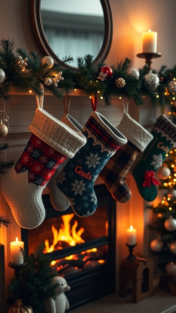 Three personalized Christmas stockings hanging by a fireplace, decorated with festive designs.