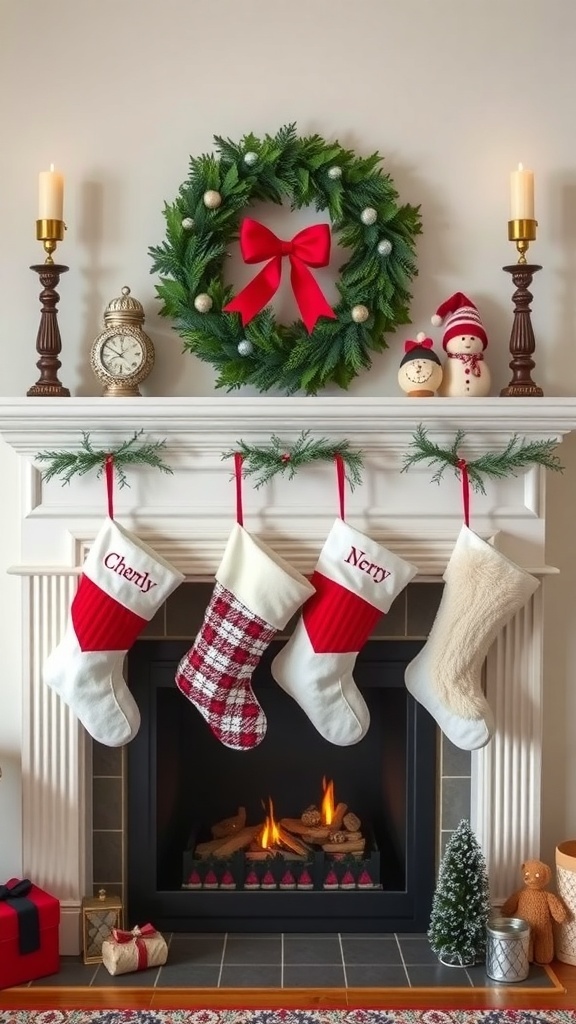 A beautifully decorated mantel with personalized Christmas stockings, a wreath, and festive ornaments.