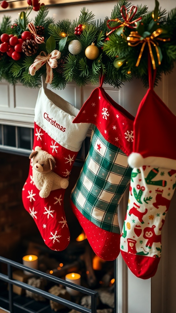 Three colorful Christmas stockings hanging by a fireplace, decorated with festive elements.
