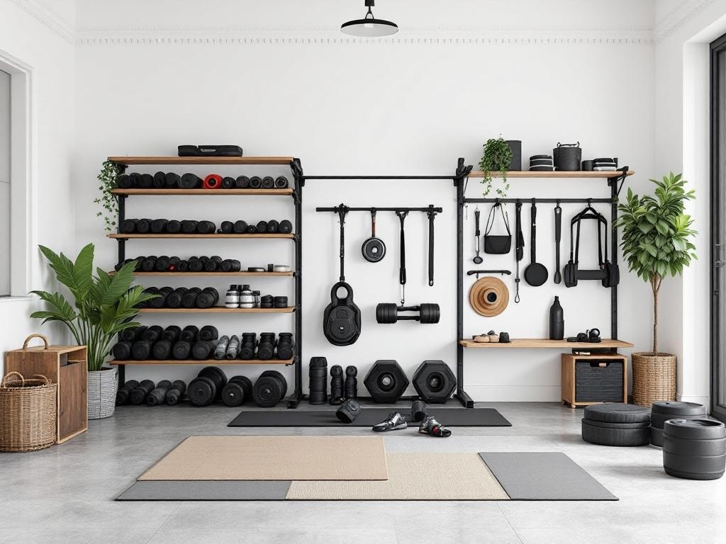 A modern home gym with organized storage solutions for weights and equipment.