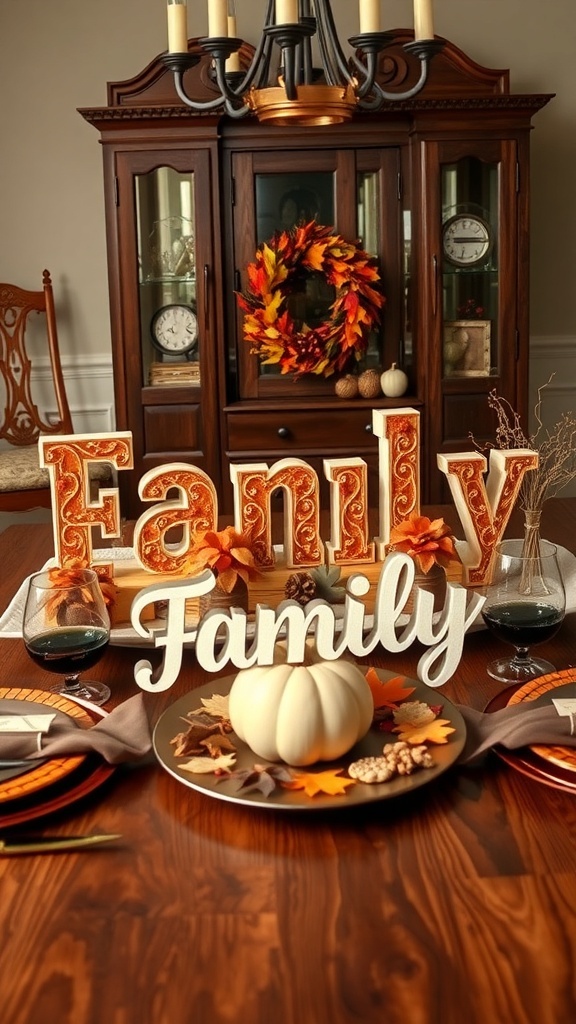 A Thanksgiving table setting featuring the word 'Family' in decorative letters, a white pumpkin, autumn leaves, and wine glasses.