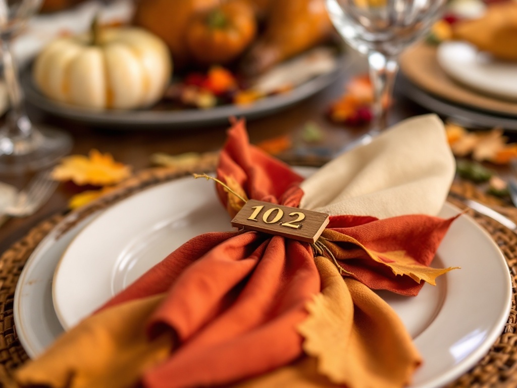 A Thanksgiving table setting featuring personalized napkin holders in autumn colors.