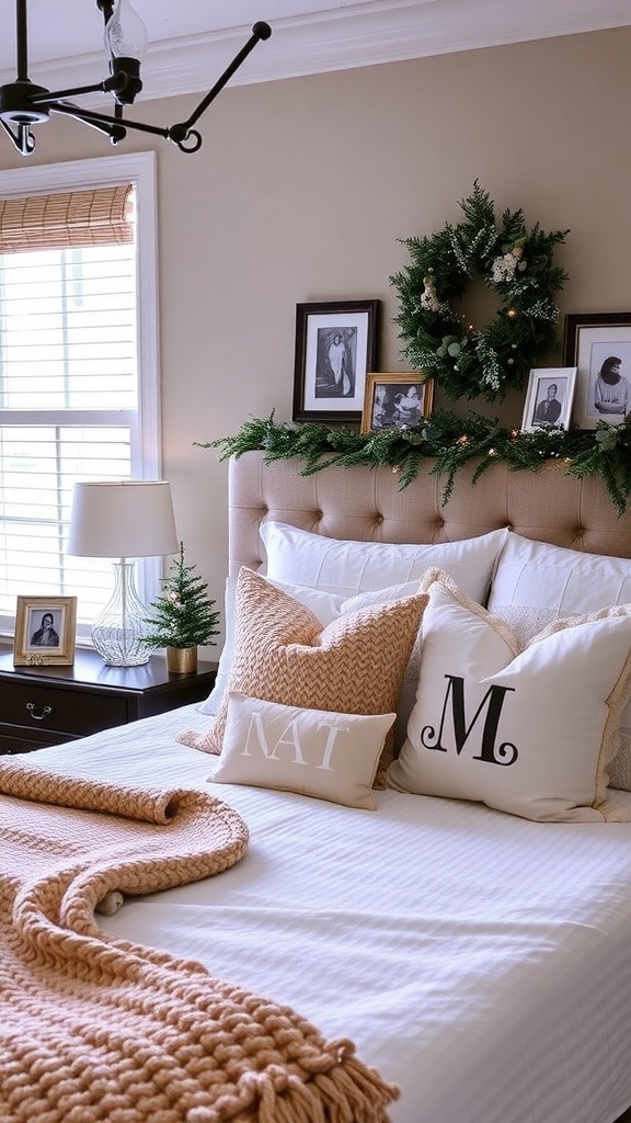 A cozy winter bedroom featuring a gray tufted headboard, decorative pillows, fairy lights, and framed artwork.