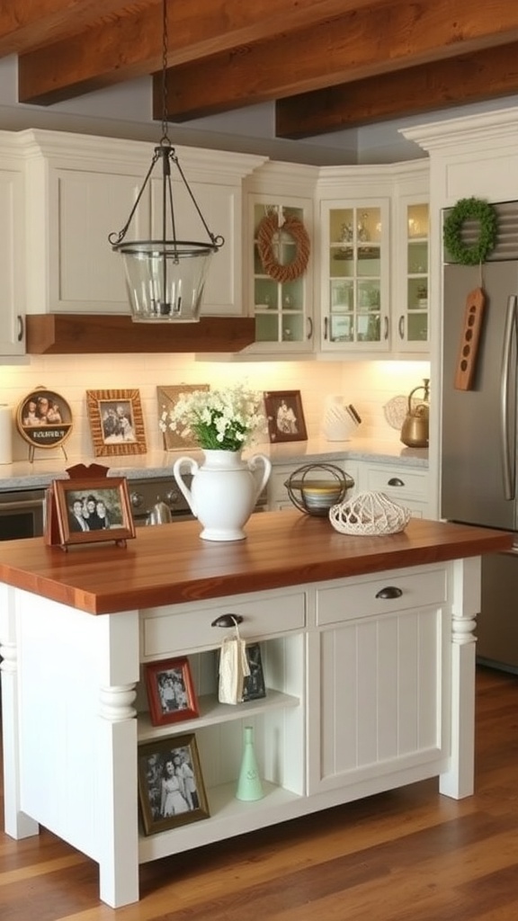 A cozy farmhouse kitchen island with wooden top, decorative items, and storage baskets.