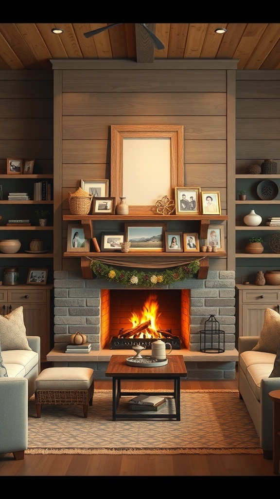 A modern farmhouse fireplace with a wooden mantel decorated with a sign, photos, and plants.