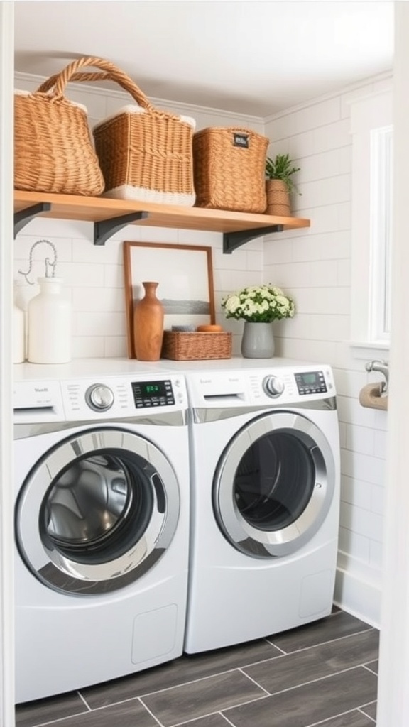 A modern farmhouse laundry room with white cabinetry, wooden shelves, and decorative items.