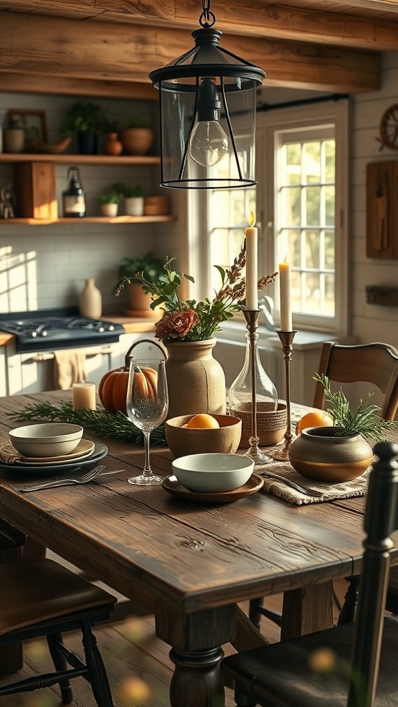 Farmhouse kitchen table with personalized decor including name plaques and a family photo.