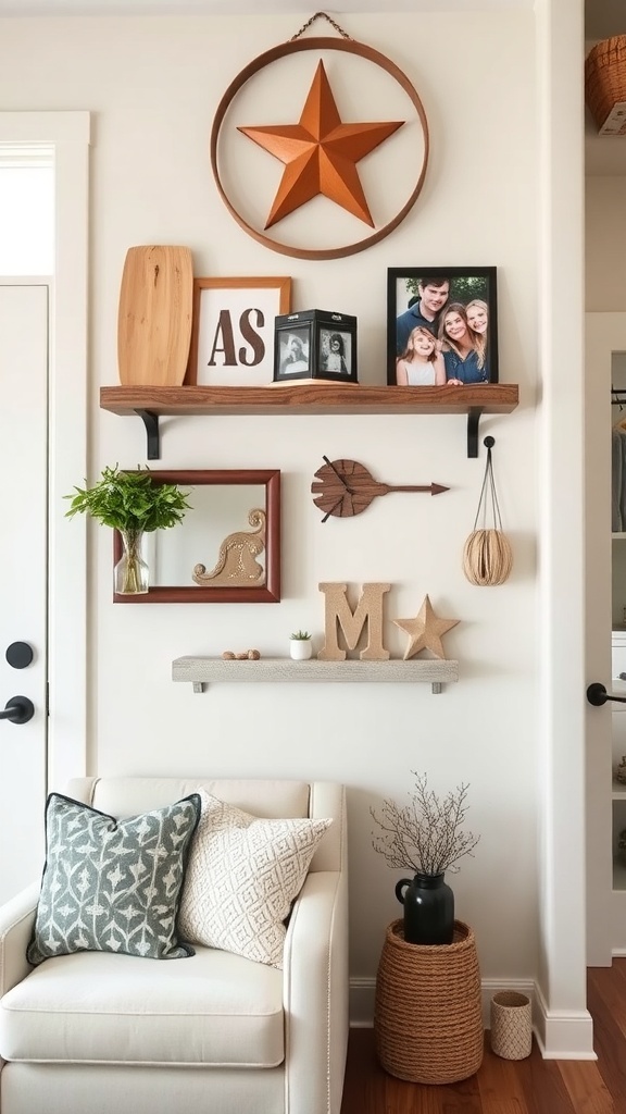 A cozy corner with wooden shelves displaying family photos and decorative items in a modern rustic home.