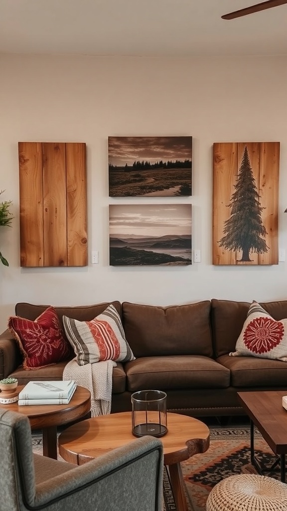 Cozy rustic living room with a fireplace, comfortable seating, and personalized decor.