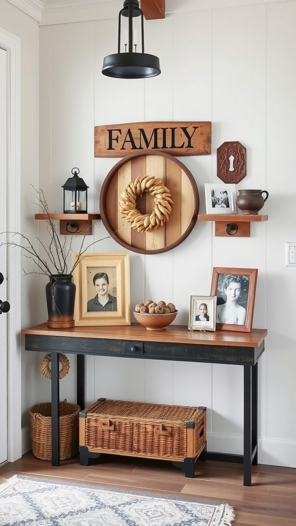 Rustic entryway with a sign that reads 'FAMILE', a blue door, and wooden furniture.