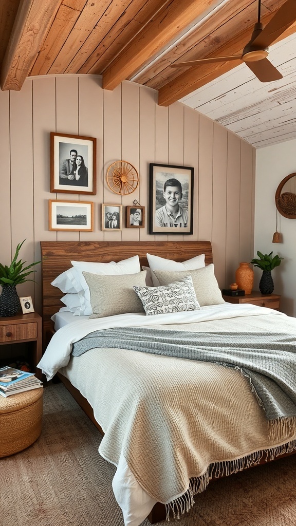 A rustic modern bedroom featuring a wooden bed, decorative pillows, and framed photos on the wall.