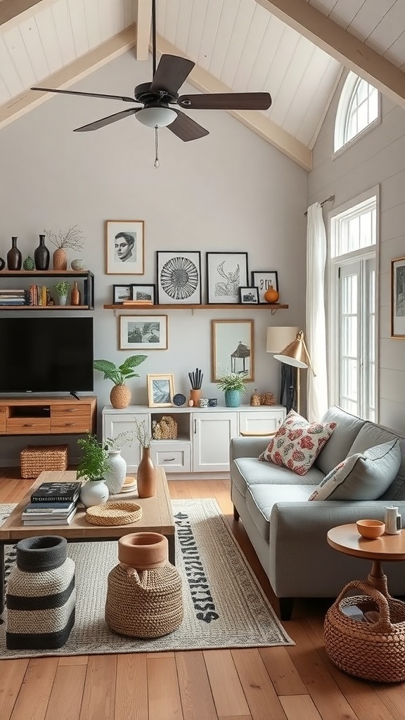 Cozy modern cottage living room with personalized decor and accessories.