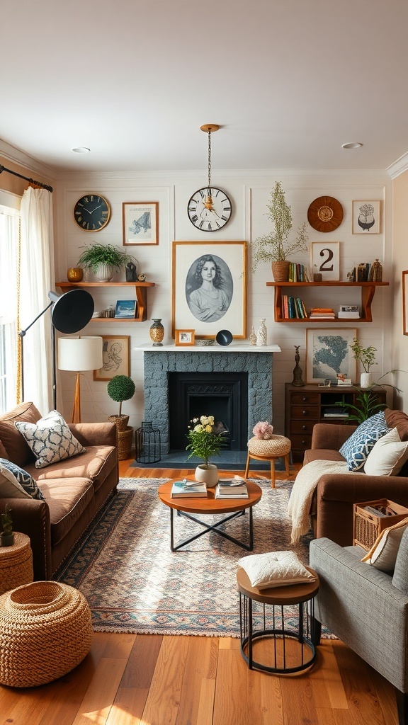 A cozy contemporary farmhouse living room with art, plants, and comfortable seating.