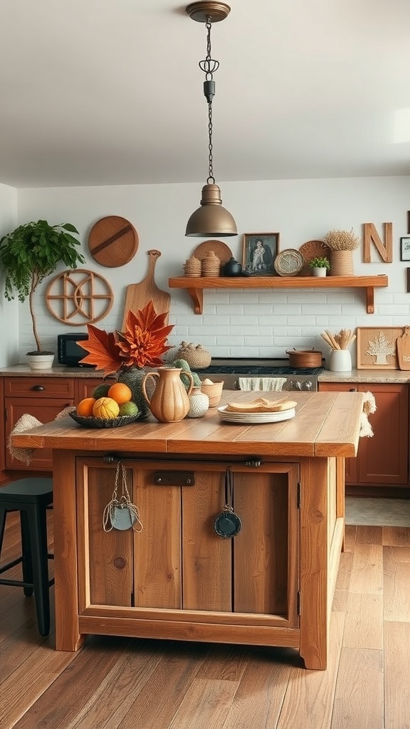 A rustic kitchen island with a wooden surface, decorated with fruits, a vase, and kitchen tools.
