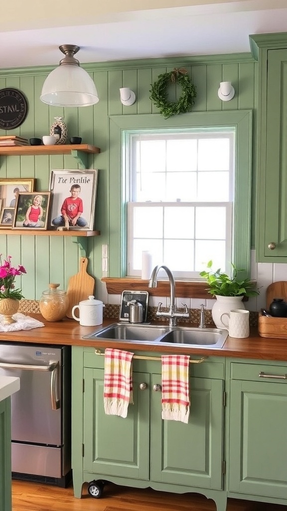 A cozy green farmhouse kitchen with personal decor and family photos.