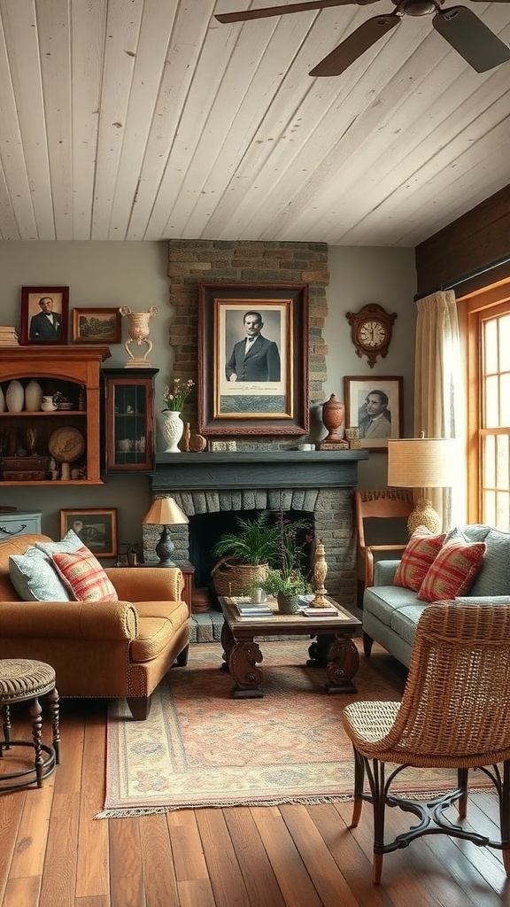Cozy cottage style living room with family photos and vintage decor.