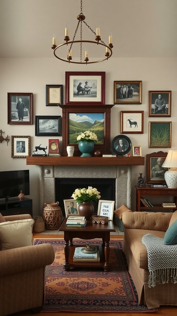 Cozy living room with family photos and heirlooms on display.