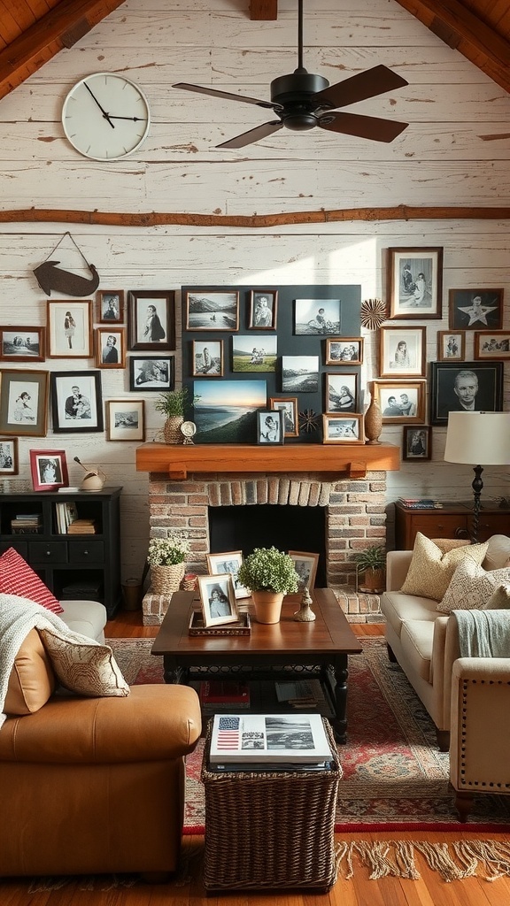A rustic living room with family photos, cozy furniture, and warm decor.