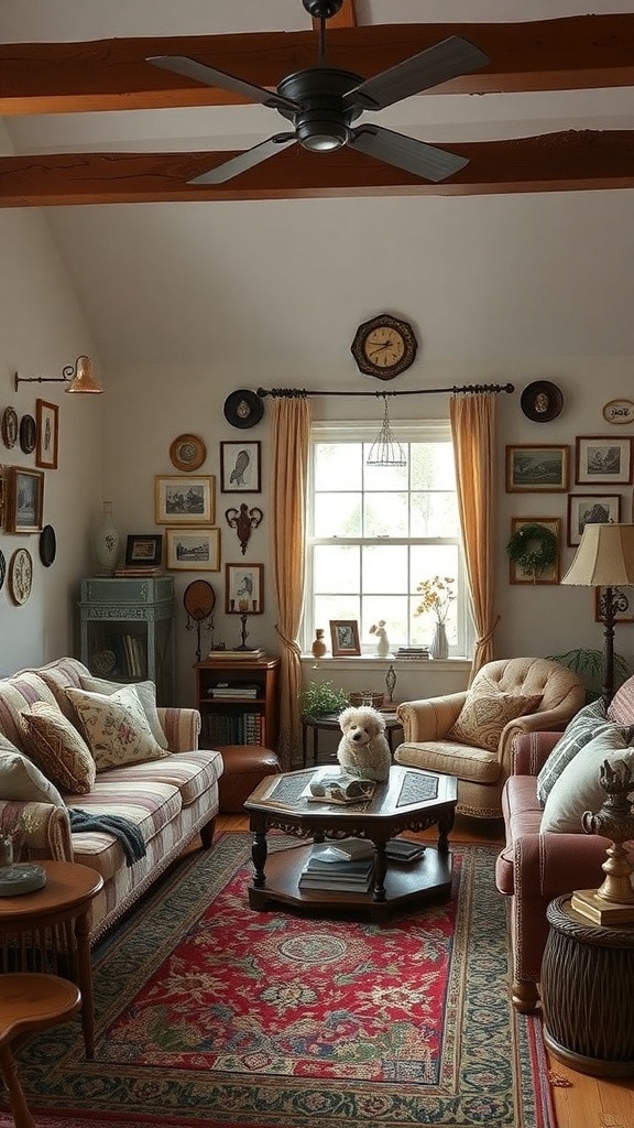 A cozy old farmhouse living room with vintage decor and a small dog.
