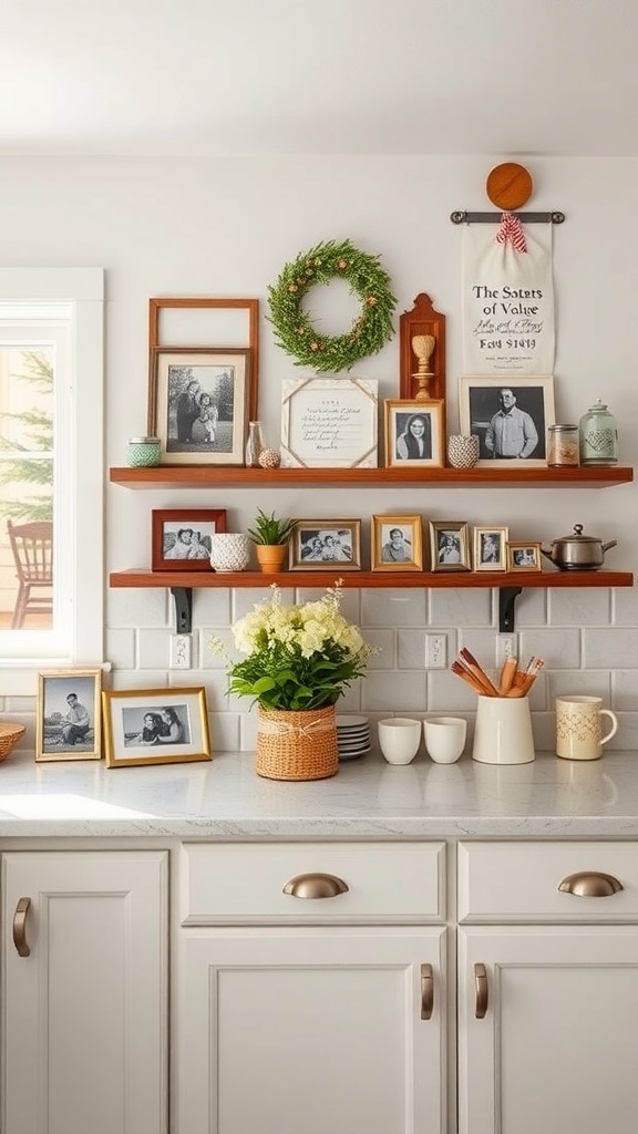A kitchen shelf decorated with family photos, a wreath, and a potted plant.