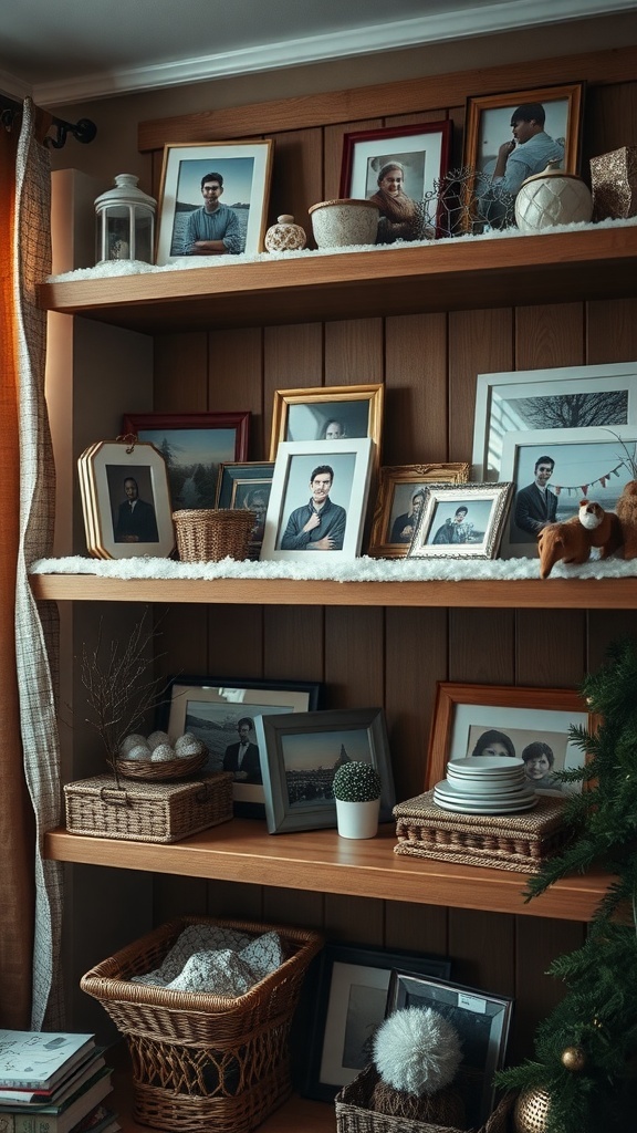 A cozy shelf filled with family photos, decorative items, and warm textures.
