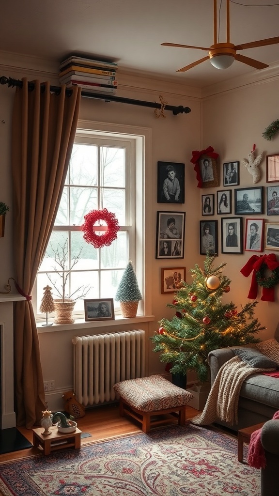 A cozy winter room with family photos, a small Christmas tree, and warm decorations.