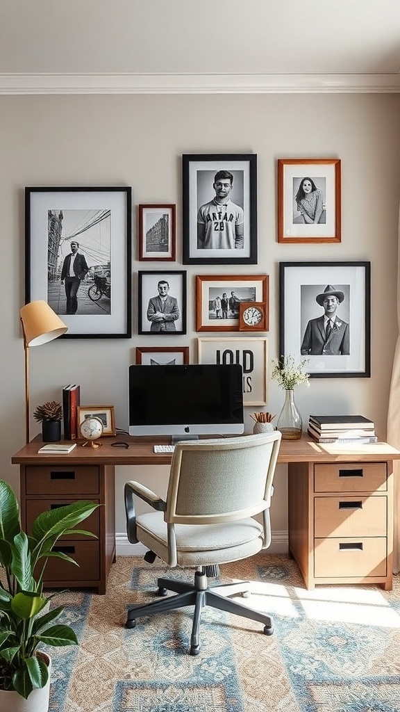 A stylish home office with framed photos on the wall, a desk, and a plant.