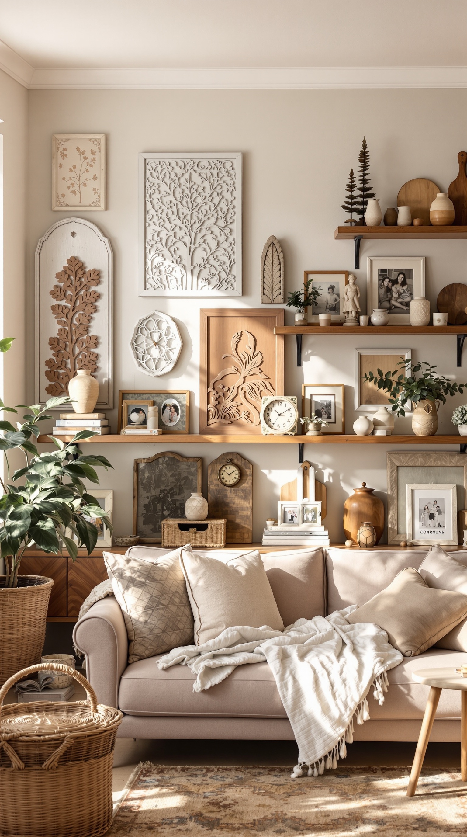 A cozy living room with a white sofa, decorative pillows, a throw blanket, and plants, featuring wall art that says 'tharidsome'.