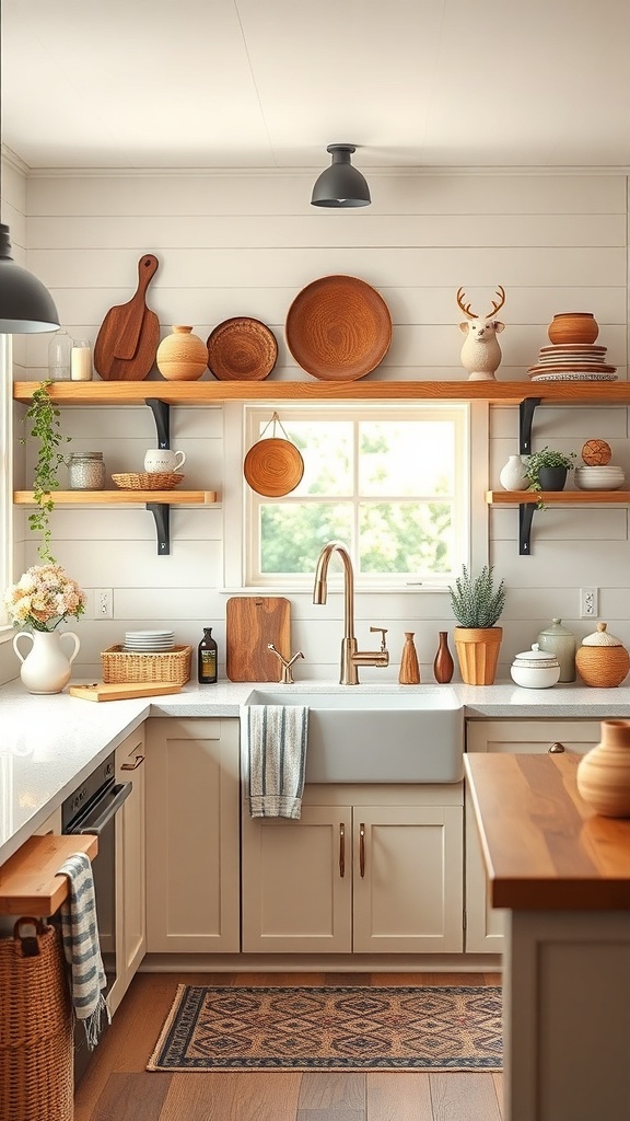 A modern farmhouse kitchen featuring personalized decor with potted plants and a handwritten sign.
