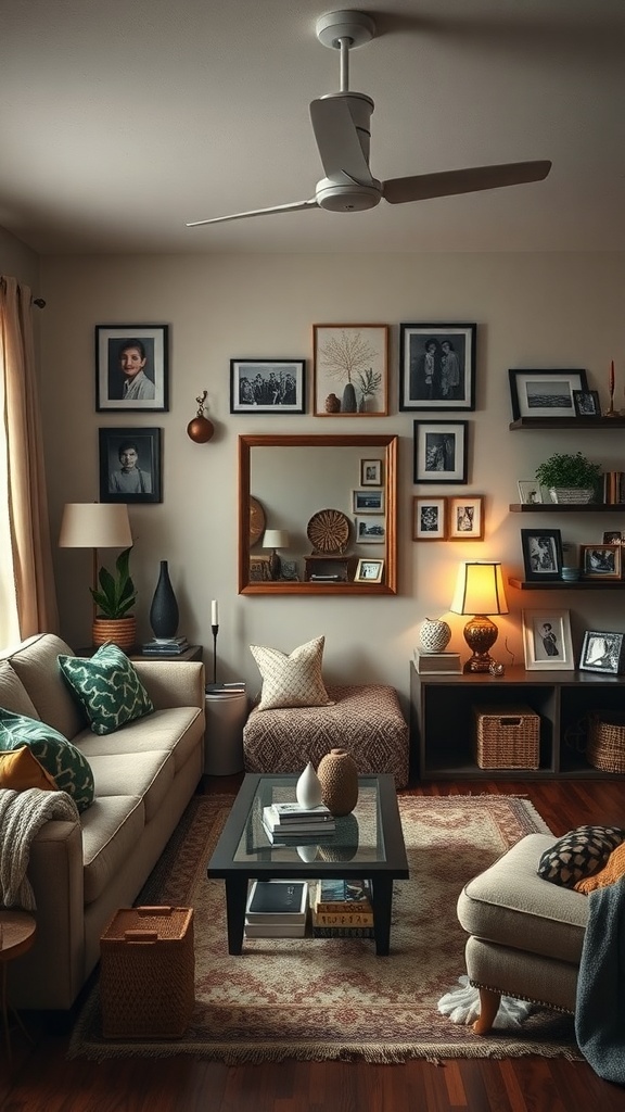 A cozy living room with family photos, plants, and a warm color palette.