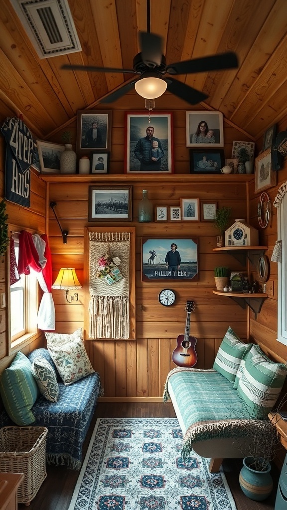 Cozy interior of a tiny cabin with wooden walls, family photos, and comfortable seating.