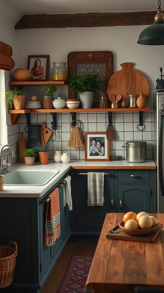 A cozy boho kitchen with wooden shelves, potted plants, and personal touches like framed photos.
