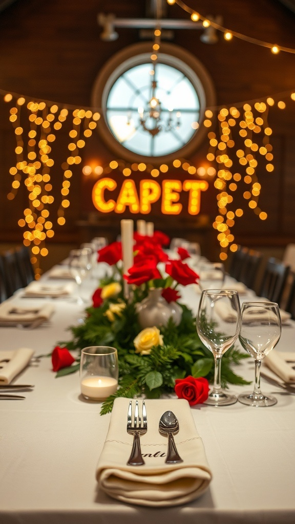 A beautifully decorated fall table with roses, greenery, candles, and personalized napkins.